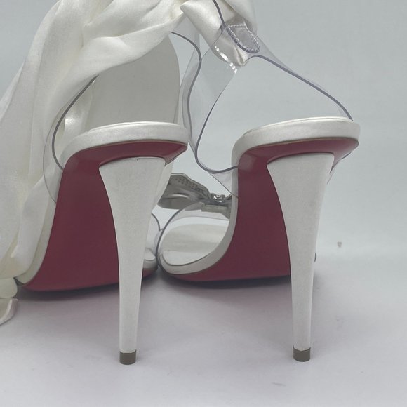 Christian Louboutin ASTRINODO Crystal Bow Silk Tie PVC Heels Sandals Shoes - Picture 9 of 16